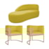 Kit Divã Luna 140cm Lado Esquerdo e 02 Poltronas Base de Ferro Dourado Suede Amarelo