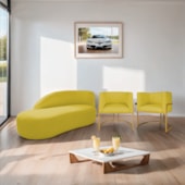 Kit Divã Luna 140cm Lado Esquerdo e 02 Poltronas Base de Ferro Dourado Suede Amarelo