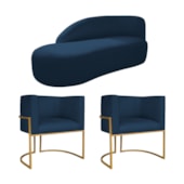 Kit Divã Luna 140cm Lado Esquerdo e 02 Poltronas Base de Ferro Dourado Suede Azul Marinho