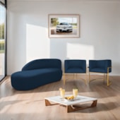 Kit Divã Luna 140cm Lado Esquerdo e 02 Poltronas Base de Ferro Dourado Suede Azul Marinho