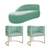 Kit Divã Luna 140cm Lado Esquerdo e 02 Poltronas Base de Ferro Dourado Suede Azul Tiffany