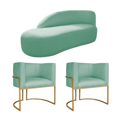 Kit Divã Luna 140cm Lado Esquerdo e 02 Poltronas Base de Ferro Dourado Suede Azul Tiffany