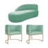Kit Divã Luna 140cm Lado Esquerdo e 02 Poltronas Base de Ferro Dourado Suede Azul Tiffany