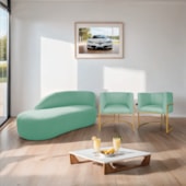 Kit Divã Luna 140cm Lado Esquerdo e 02 Poltronas Base de Ferro Dourado Suede Azul Tiffany