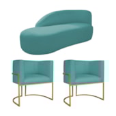 Kit Divã Luna 140cm Lado Esquerdo e 02 Poltronas Base de Ferro Dourado Suede Azul Turquesa
