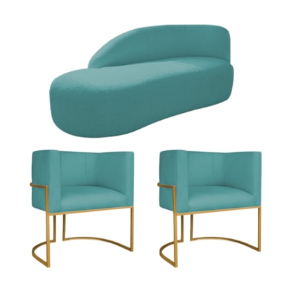 Kit Divã Luna 140cm Lado Esquerdo e 02 Poltronas Base de Ferro Dourado Suede Azul Turquesa