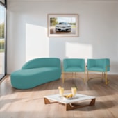 Kit Divã Luna 140cm Lado Esquerdo e 02 Poltronas Base de Ferro Dourado Suede Azul Turquesa