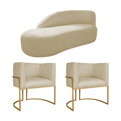 Kit Divã Luna 140cm Lado Esquerdo e 02 Poltronas Base de Ferro Dourado Suede Bege