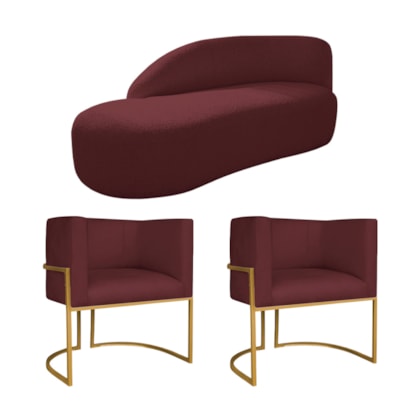 Kit Divã Luna 140cm Lado Esquerdo e 02 Poltronas Base de Ferro Dourado Suede Bordo