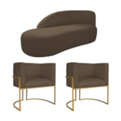 Kit Divã Luna 140cm Lado Esquerdo e 02 Poltronas Base de Ferro Dourado Suede Marrom