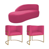 Kit Divã Luna 140cm Lado Esquerdo e 02 Poltronas Base de Ferro Dourado Suede Pink