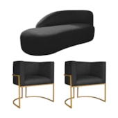 Kit Divã Luna 140cm Lado Esquerdo e 02 Poltronas Base de Ferro Dourado Suede Preto