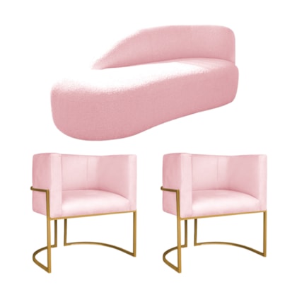 Kit Divã Luna 140cm Lado Esquerdo e 02 Poltronas Base de Ferro Dourado Suede Rosa Bebe