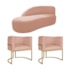 Kit Divã Luna 140cm Lado Esquerdo e 02 Poltronas Base de Ferro Dourado Suede Rose