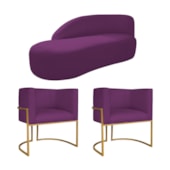 Kit Divã Luna 140cm Lado Esquerdo e 02 Poltronas Base de Ferro Dourado Suede Roxo