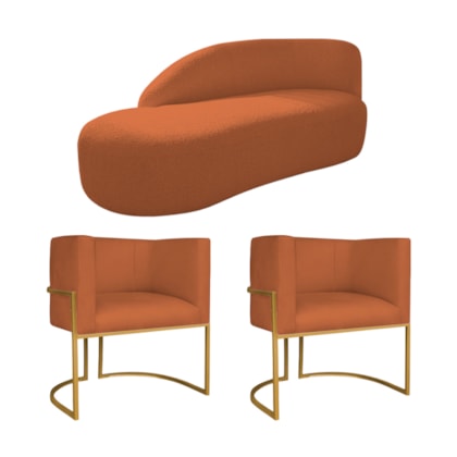 Kit Divã Luna 140cm Lado Esquerdo e 02 Poltronas Base de Ferro Dourado Suede Terracota