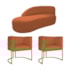 Kit Divã Luna 140cm Lado Esquerdo e 02 Poltronas Base de Ferro Dourado Suede Terracota