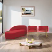 Kit Divã Luna 140cm Lado Esquerdo e 02 Poltronas Base de Ferro Dourado Suede Vermelho