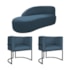 Kit Divã Luna 140cm Lado Esquerdo e 02 Poltronas Base de Ferro Preto Linho Azul Royal