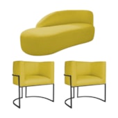 Kit Divã Luna 140cm Lado Esquerdo e 02 Poltronas Base de Ferro Preto Suede Amarelo