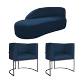 Kit Divã Luna 140cm Lado Esquerdo e 02 Poltronas Base de Ferro Preto Suede Azul Marinho