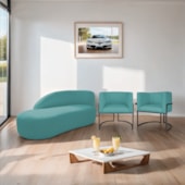Kit Divã Luna 140cm Lado Esquerdo e 02 Poltronas Base de Ferro Preto Suede Azul Turquesa