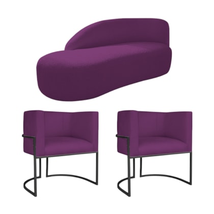 Kit Divã Luna 140cm Lado Esquerdo e 02 Poltronas Base de Ferro Preto Suede Roxo