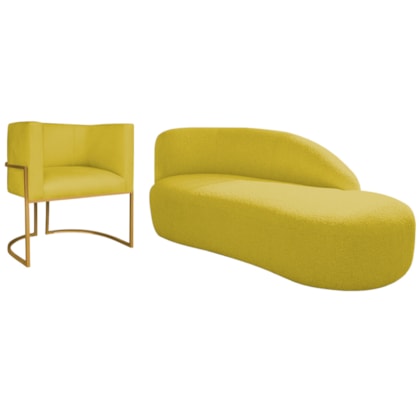 Kit Divã Luna 160cm Lado Direito e 01 Poltrona Base de Ferro Dourada Suede Amarelo