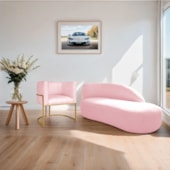 Kit Divã Luna 160cm Lado Direito e 01 Poltrona Base de Ferro Dourada Suede Rosa Bebe