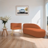 Kit Divã Luna 160cm Lado Direito e 01 Poltrona Base de Ferro Dourada Suede Terracota