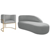 Kit Divã Luna 160cm Lado Direito e 01 Poltrona Base de Ferro Dourado Bouclé Cinza