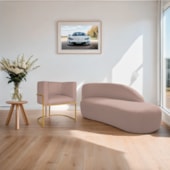 Kit Divã Luna 160cm Lado Direito e 01 Poltrona Base de Ferro Dourado Linho Rose