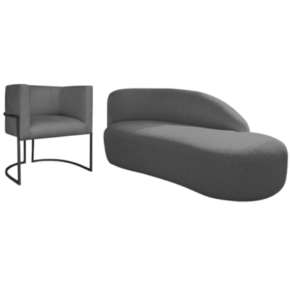 Kit Divã Luna 160cm Lado Direito e 01 Poltrona Base de Ferro Preto Linho Cinza Escuro