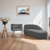 Kit Divã Luna 160cm Lado Direito e 01 Poltrona Base de Ferro Preto Linho Cinza Escuro