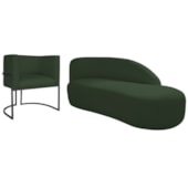 Kit Divã Luna 160cm Lado Direito e 01 Poltrona Base de Ferro Preto Linho Verde