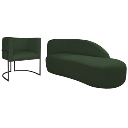 Kit Divã Luna 160cm Lado Direito e 01 Poltrona Base de Ferro Preto Linho Verde