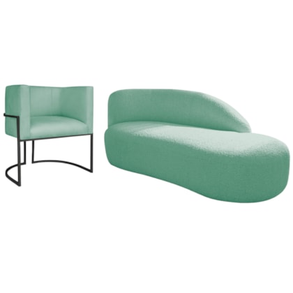 Kit Divã Luna 160cm Lado Direito e 01 Poltrona Base de Ferro Preto Suede Azul Ciano