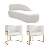 Kit Divã Luna 160cm Lado Direito e 02 Poltronas Base de Ferro Dourado Bouclé Branco
