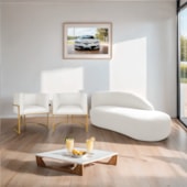 Kit Divã Luna 160cm Lado Direito e 02 Poltronas Base de Ferro Dourado Bouclé Branco