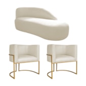 Kit Divã Luna 160cm Lado Direito e 02 Poltronas Base de Ferro Dourado Linho Bege