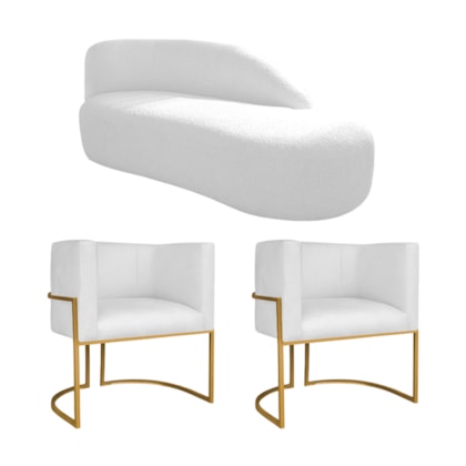 Kit Divã Luna 160cm Lado Direito e 02 Poltronas Base de Ferro Dourado Suede Branco