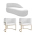 Kit Divã Luna 160cm Lado Direito e 02 Poltronas Base de Ferro Dourado Suede Branco