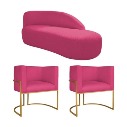 Kit Divã Luna 160cm Lado Direito e 02 Poltronas Base de Ferro Dourado Suede Pink