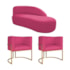 Kit Divã Luna 160cm Lado Direito e 02 Poltronas Base de Ferro Dourado Suede Pink