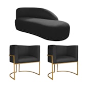 Kit Divã Luna 160cm Lado Direito e 02 Poltronas Base de Ferro Dourado Suede Preto