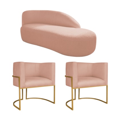 Kit Divã Luna 160cm Lado Direito e 02 Poltronas Base de Ferro Dourado Suede Rose