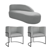 Kit Divã Luna 160cm Lado Direito e 02 Poltronas Base de Ferro Preto Bouclé Cinza