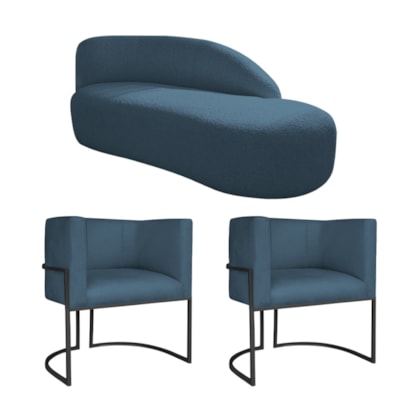 Kit Divã Luna 160cm Lado Direito e 02 Poltronas Base de Ferro Preto Linho Azul Royal