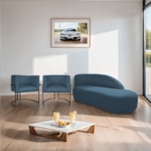 Kit Divã Luna 160cm Lado Direito e 02 Poltronas Base de Ferro Preto Linho Azul Royal
