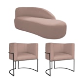 Kit Divã Luna 160cm Lado Direito e 02 Poltronas Base de Ferro Preto Linho Rose